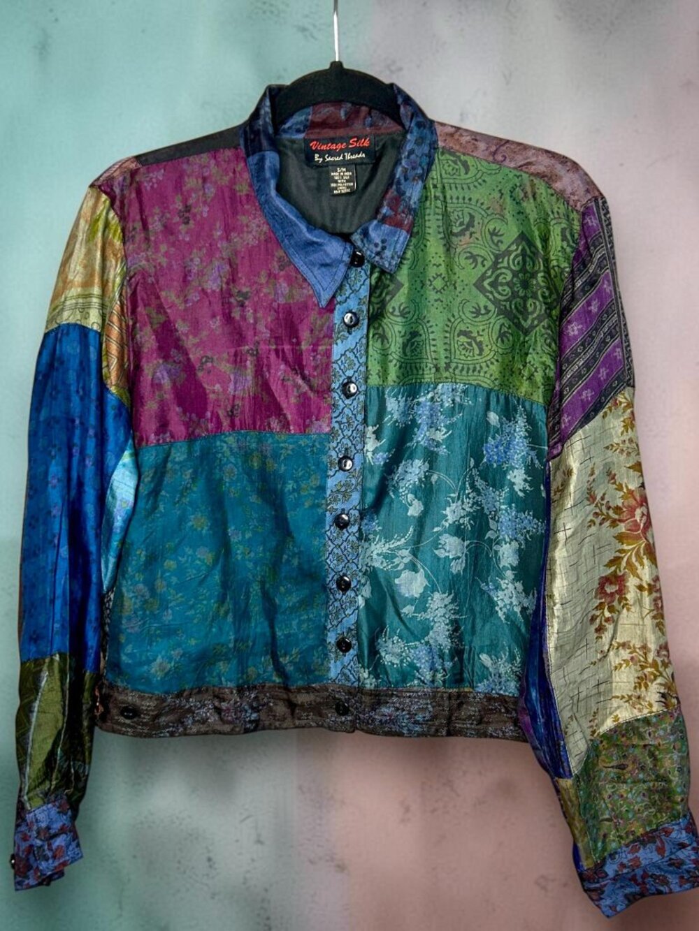 Vintage Silk by Sacred Threads Cropped Patchwork Lightweight Jacket Shacket